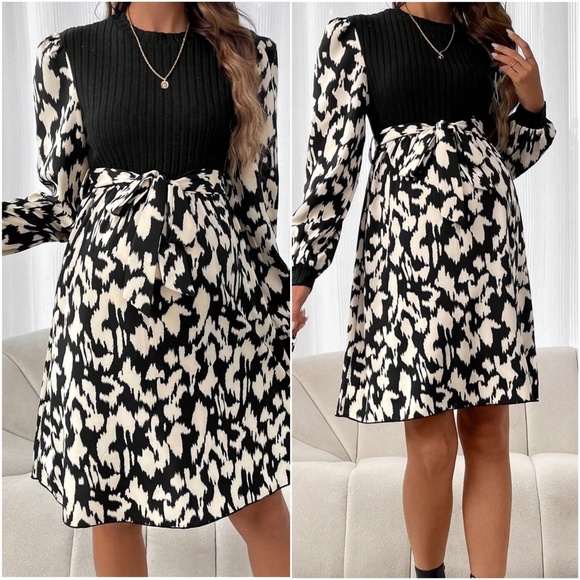 BellanBlue Dresses & Skirts - Maternity leopard Print Belted Long sleeve Dress